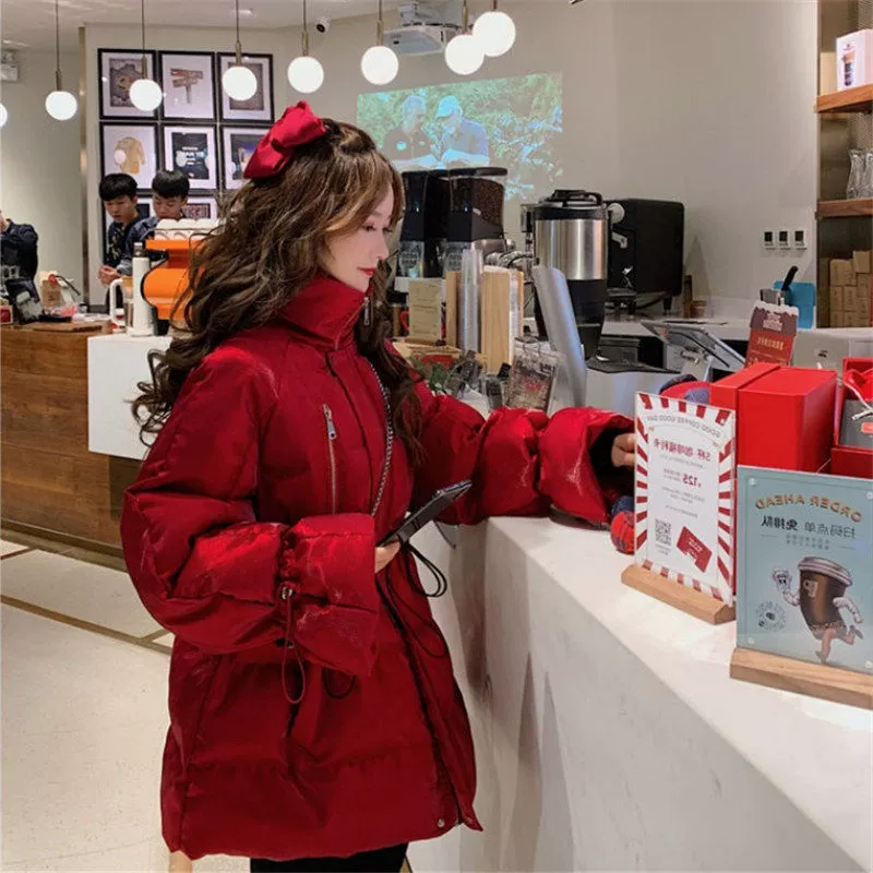 Воротник с талией, тонкая хлопчатобумажная куртка женская 2024 зимняя корейская мода среднего и длинного стиля теплая и утолщенная хлебная одежда