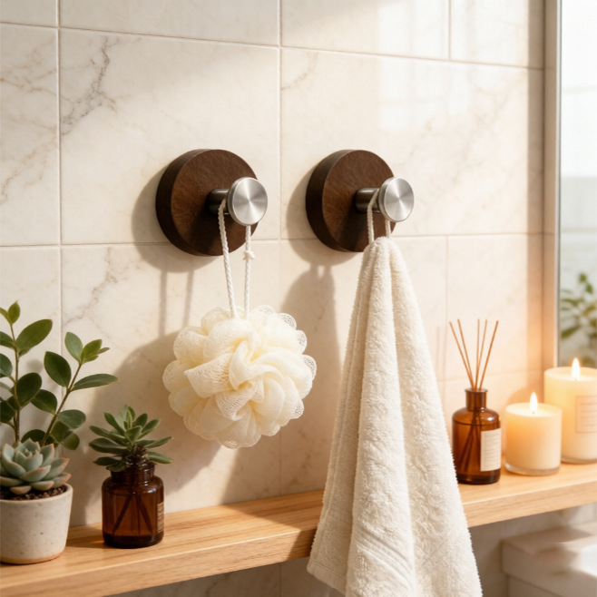 Household walnut wood suction cup hook, no-drill adhesive wall-mounted clothes rack for entryway, bathroom, and wall-mounted clothing and hat hanger Household walnut wood suction cup hook, no-drill adhesive wall-mounted clothes rack for entryway, bathroom, and wall-mounted clothing and hat hanger