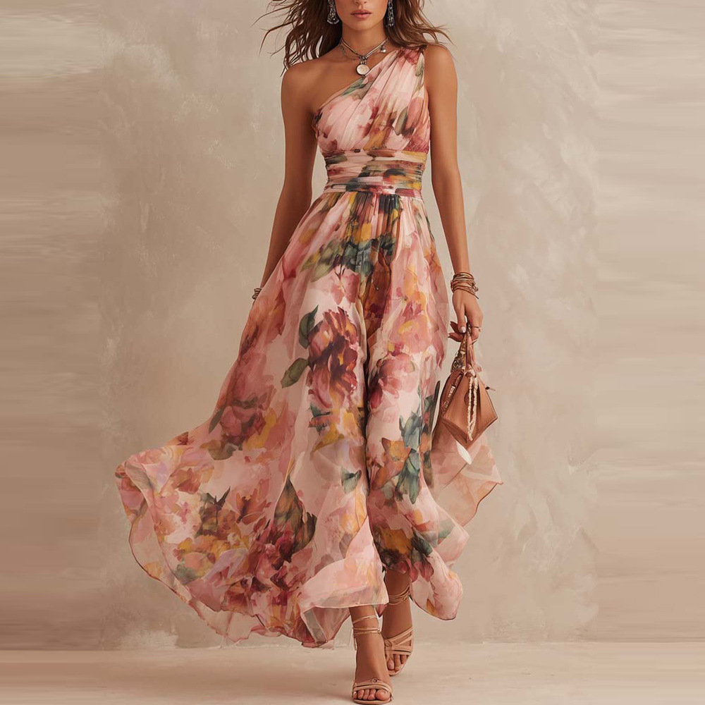 European and American Independent Website 2026 Summer New Cross-Border Women's Fashion Digital Print Elegant One-Shoulder Sleeveless Dress