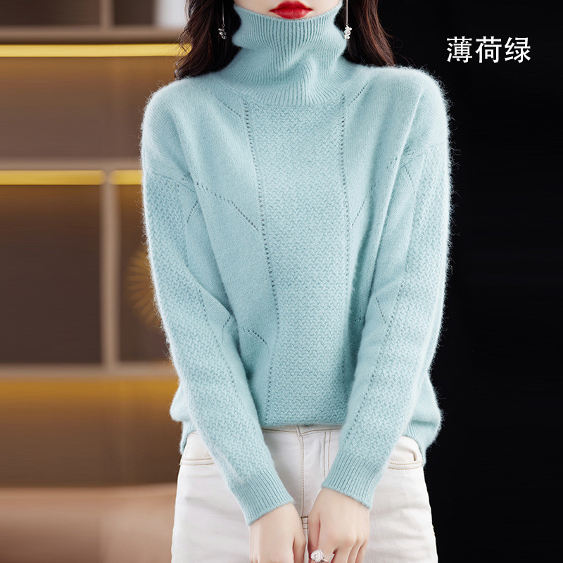 Mink cashmere base layer top, 2024 autumn/winter new women's clothing, high neck, short, loose pullover, thick wool knit sweater.