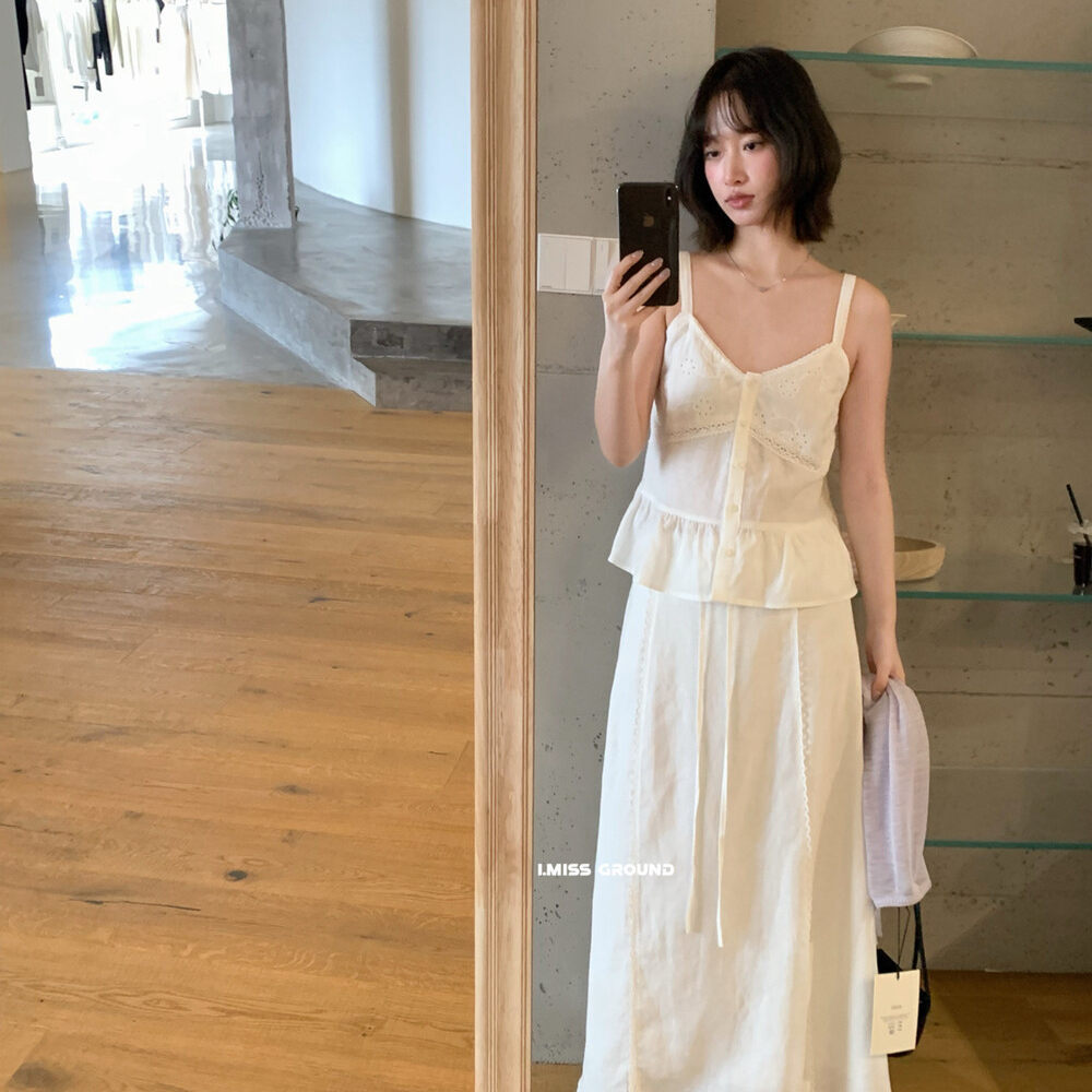 Set váy hai dây và chân váy maxi linen phong cách Hàn Quốc — Sling trắng, Trắng nửa váy
