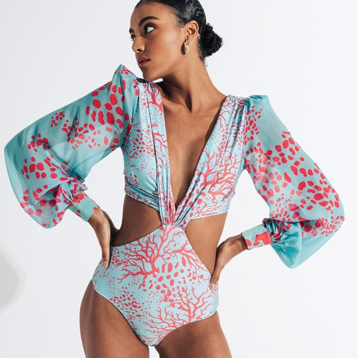 192g Weight Long Sleeve Sleeve Length Nylon, Polyester Fabric Type Regular Top Length Bodysuit Tops Type Swimming Occasion Deep V Neckline Skinny Fit Type Printing Pattern Women's Gender Hollow Out Design Sexy Style Women's Sexy Printing Hollow Out One Piece Swimwear 2