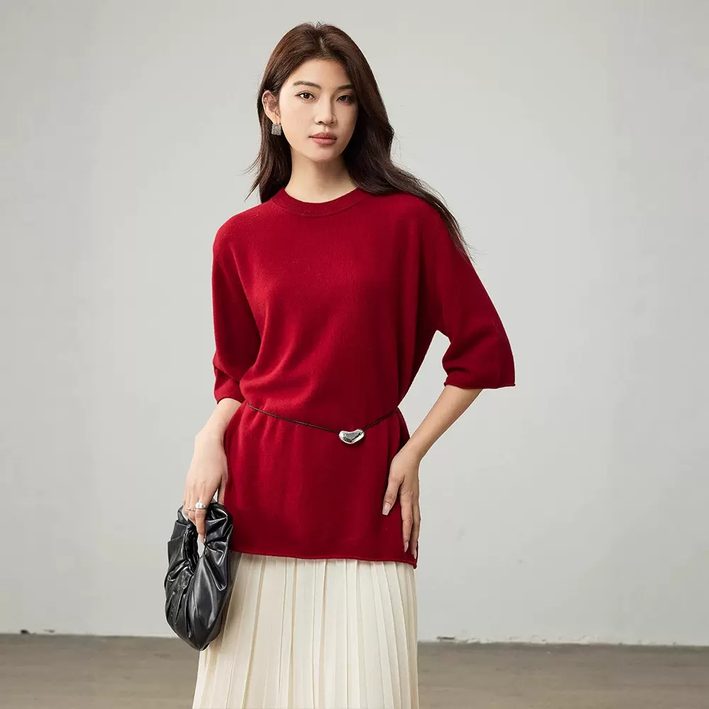高级轻奢羊绒短袖羊毛针织衫上衣2025新款女装秋纯色宽松毛衣女