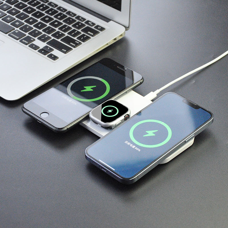 Magsafe doble magnético carga rápida carga inalámbrica tres en uno para Apple Watch, auriculares, cargador inalámbrico para teléfono móvil