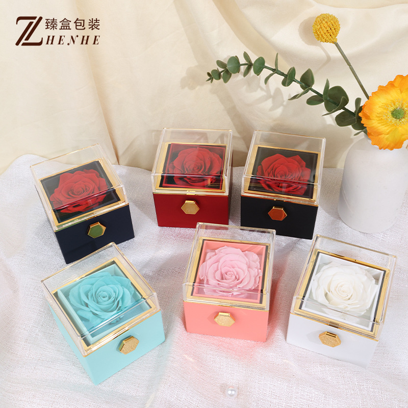 高级旋转永生花首饰盒戒指项链收纳盒七夕情人节惊喜礼盒现货批发