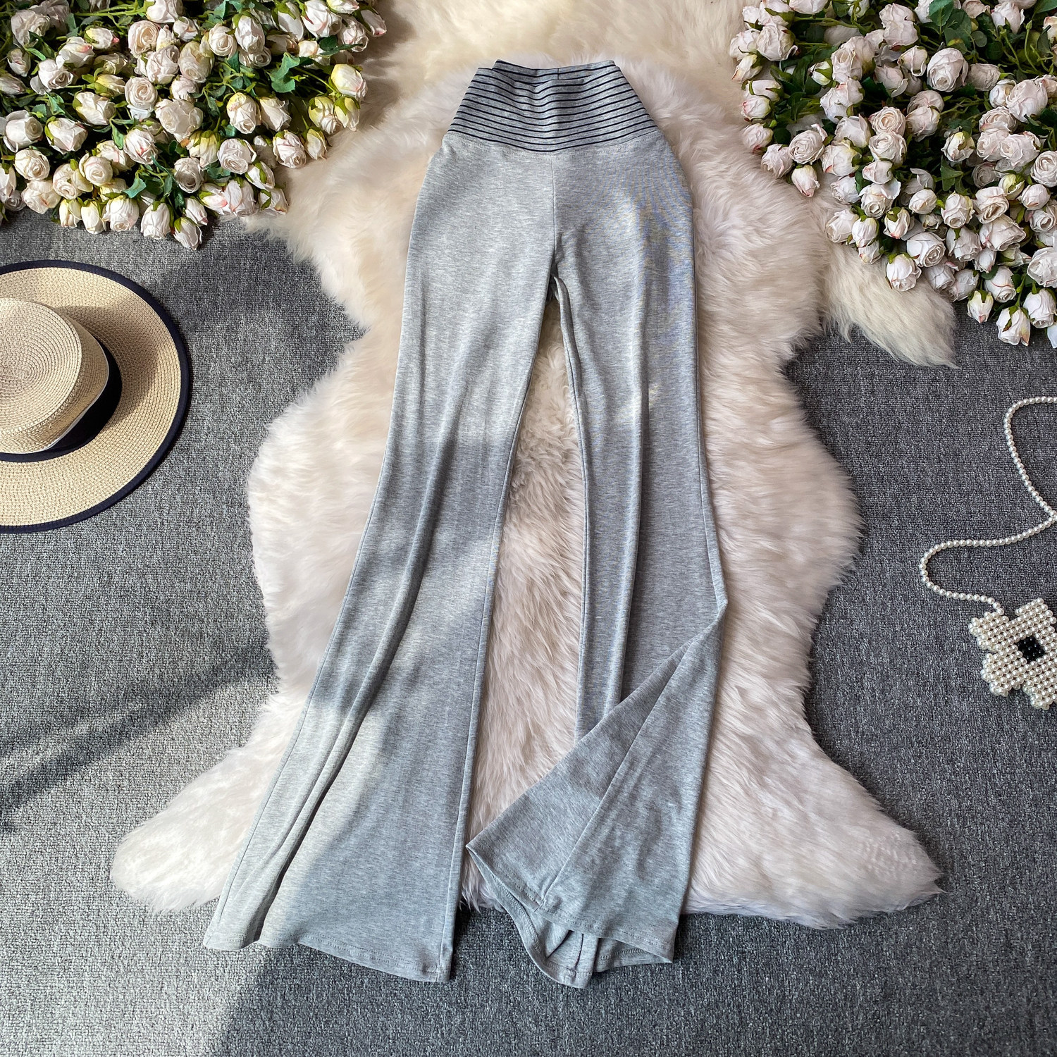 Korean Style High-Waisted Striped Flared Pants Women's Slimming Elongating Summer Bottoms Simple Stylish Polyester Capris_ecoleips.com