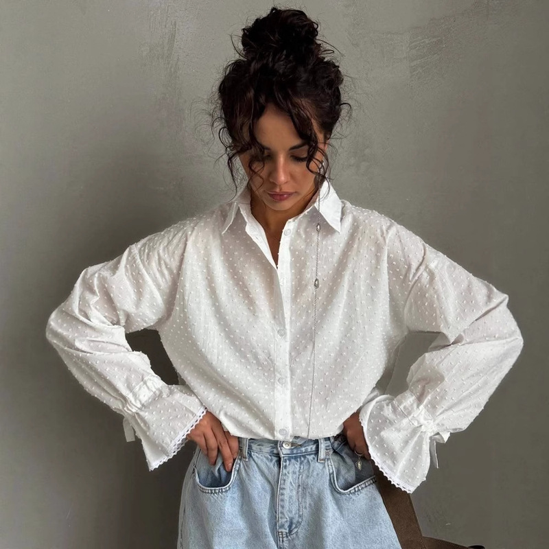 Spring Fashion Spice Girl Fashion Cotton Women's Shirt Single-breasted Cardigan Autumn New Elegant Horn Sleeve Top