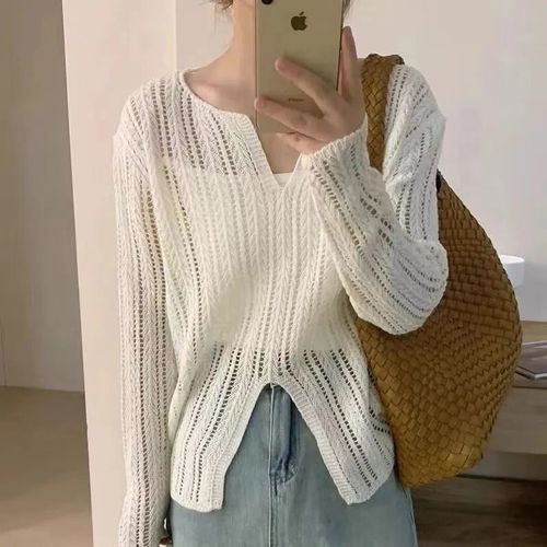 Women's Spring Fashion Design-Sensitive Unconventional Open-Needle Knit Sweater, Versatile V-Neck Lattice Thin Sunshade Cover-Up Top, Unique Style