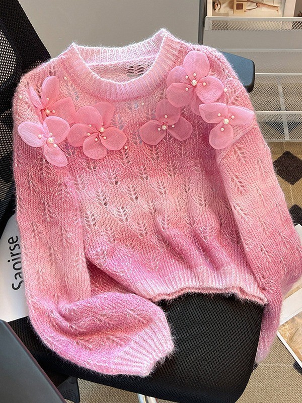渐变紫色毛衣外套女秋冬设计感钉珠花朵打底衫奶系慵懒软糯针织衫|undefined