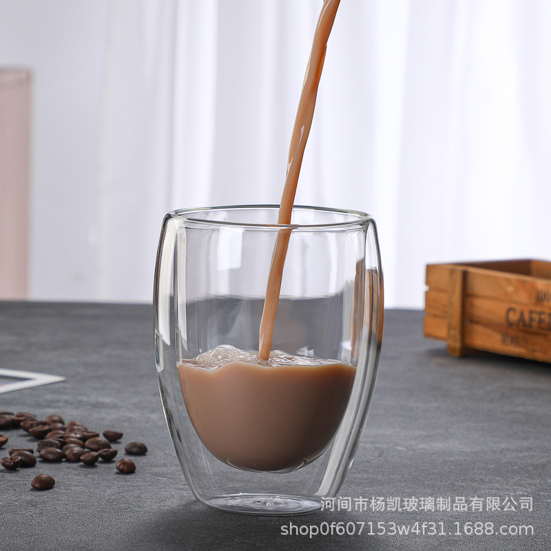 Taza de vidrio de doble capa transfronteriza Taza de café transparente con alto borosilicato Taza en forma de huevo Taza de fruta Taza de té de flores con aislamiento térmico de doble capa