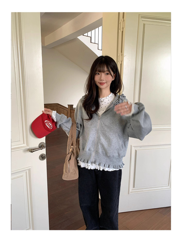 木耳花边连帽卫衣女春秋宽松短款收腰开衫拉链甜美帽衫设计感外套|undefined