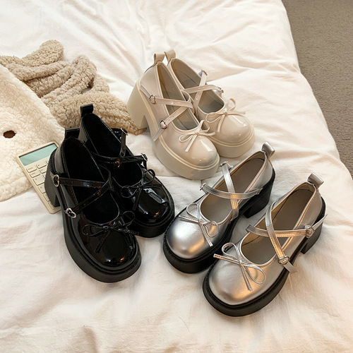 French Mary Jane small leather shoes for women in spring new thick sole heightened bow with skirt thick heel high heels