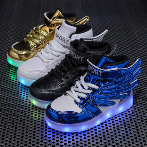 usb charging colorful luminous shoes children's led flash lace lights high top wings boys and girls luminous casual shoes