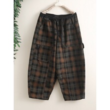 个性撞色格子加绒加厚牛仔裤女士大码宽松时尚保暖垮裤阔腿哈伦裤