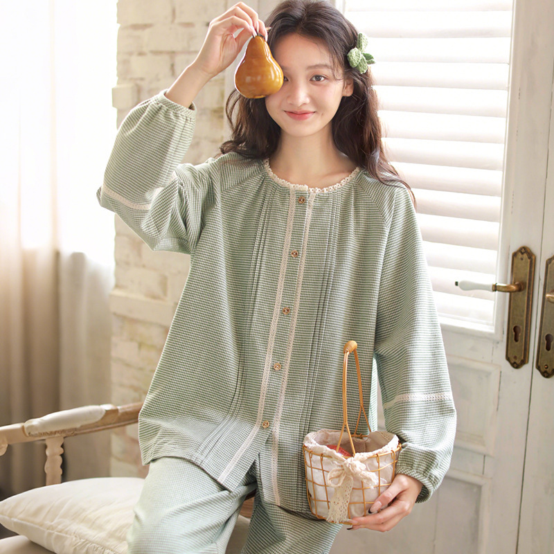 Autumn and Winter Pajamas for Women, Pure Cotton Brushed, High-End, Wearable, Women's Sweet Round Neck Pajamas, Home Clothes, Long Sleeves