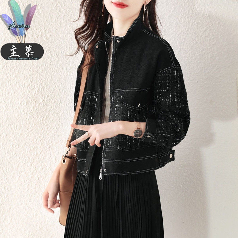 Main Mu Black Denim Jacket Women's 2021 Autumn New Fashion All-match Western Style Slimming Salt Plaid Jacket Trendy Main Mu Black Denim Jacket Women's 2021 Autumn New Fashion All-match Western Style Slimming Salt Plaid Jacket Trendy