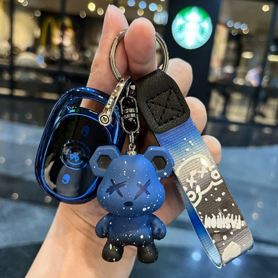 Key Protective Case Luna Bubble: Car key bag - electric-car-d-sapphire-blue-single-shell-blue-violent-bear-pendant