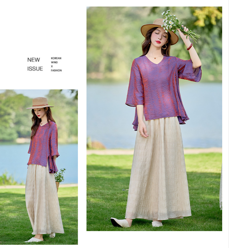 Bộ vest nữ hai mảnh gồm áo sơ mi cổ V và quần ống rộng dáng suông — Màu ảnh chi tiết 18