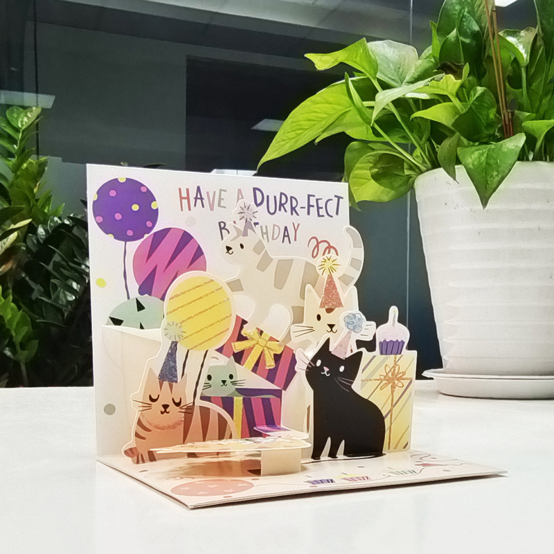 Birthday three-dimensional greeting card 90 degree cute cat holiday invitation card to send girls gift blessing card small fresh