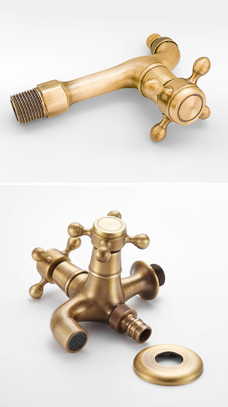 French-style antique brass 4-point washing machine faucet, one in and two out for dual use, 6-point quick-opening mop sink, single cooling faucet undefined
