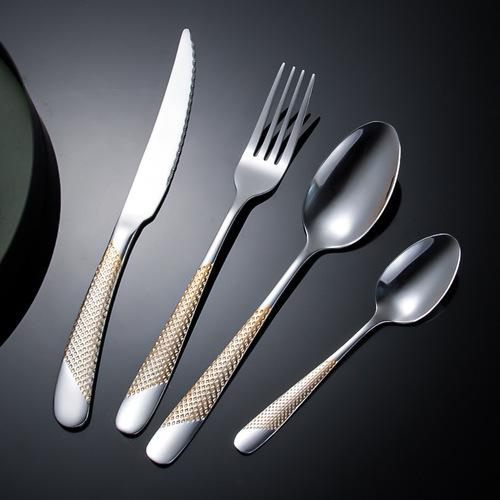 Cross-border stainless steel tableware set, star diamond steak knife, dessert fork and spoon, gold-plated handle gift box, four main parts for Western food