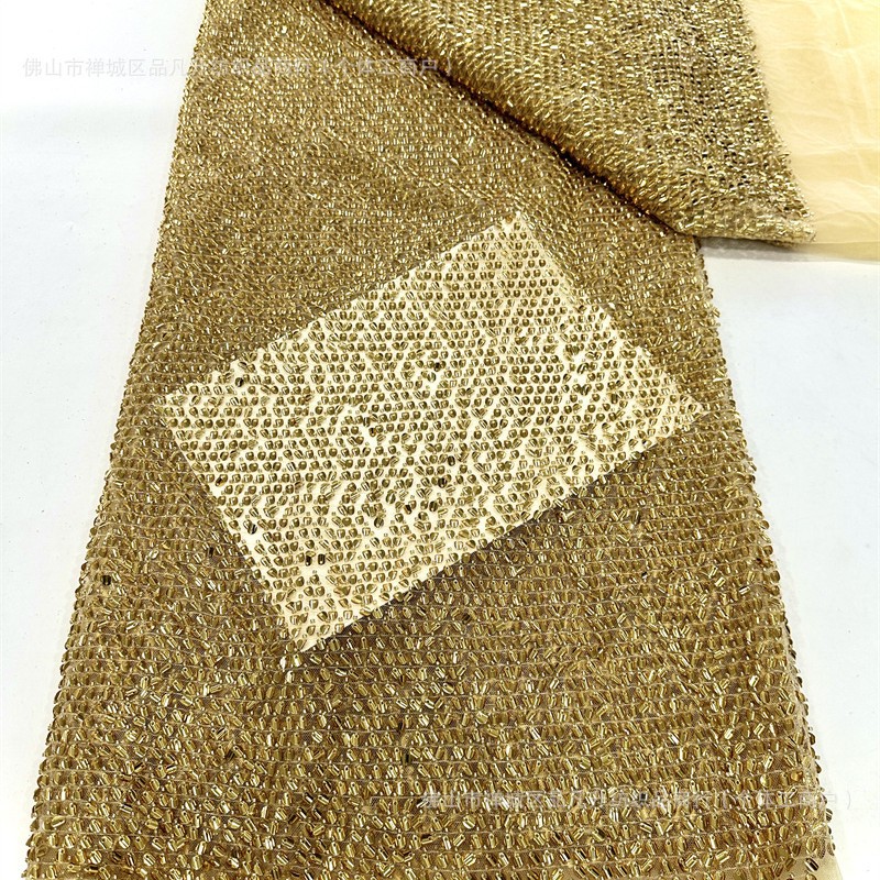 Fábrica de stock de bordado de sequinilla medio rollo de cebolla dorada multicolor ropa de brindis de alta fijación tela de vestido de cena