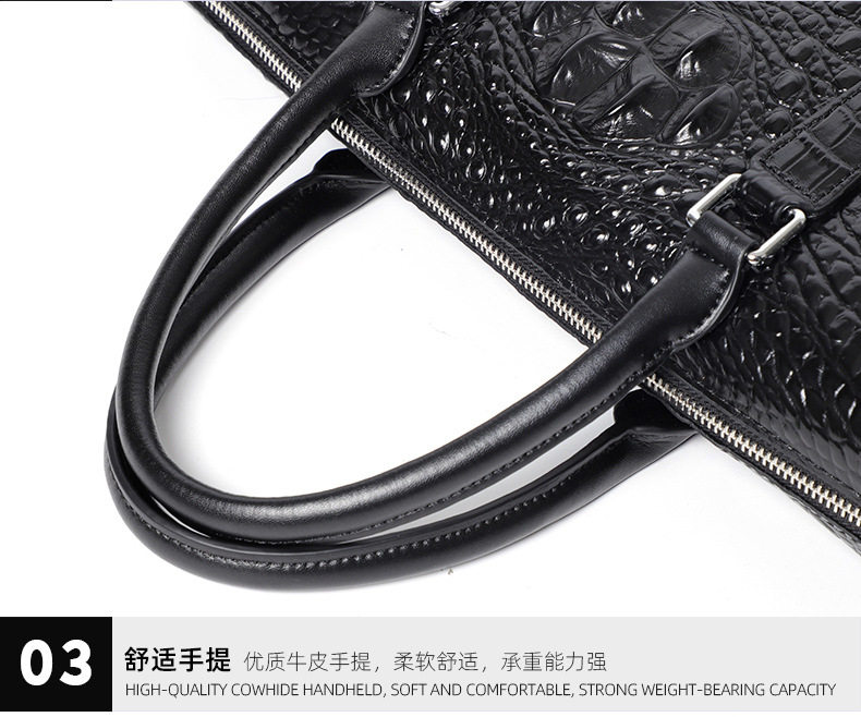 Túi xách tay nam da bò vân cá sấu khóa số, cặp công sở da thật định hình cao cấp 37×7×26 cm — Da bò lớp đầu màu đen chi tiết 23
