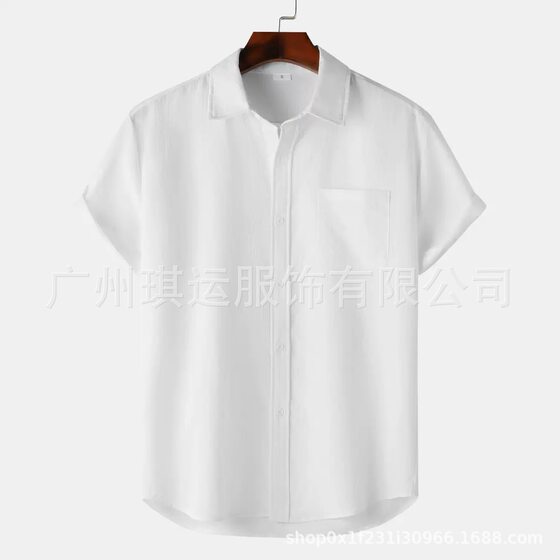 2025 New Amazon Foreign Trade New Summer Lapel Solid Color Short Sleeve Button Men's Cotton and Linen Shirt for Men
