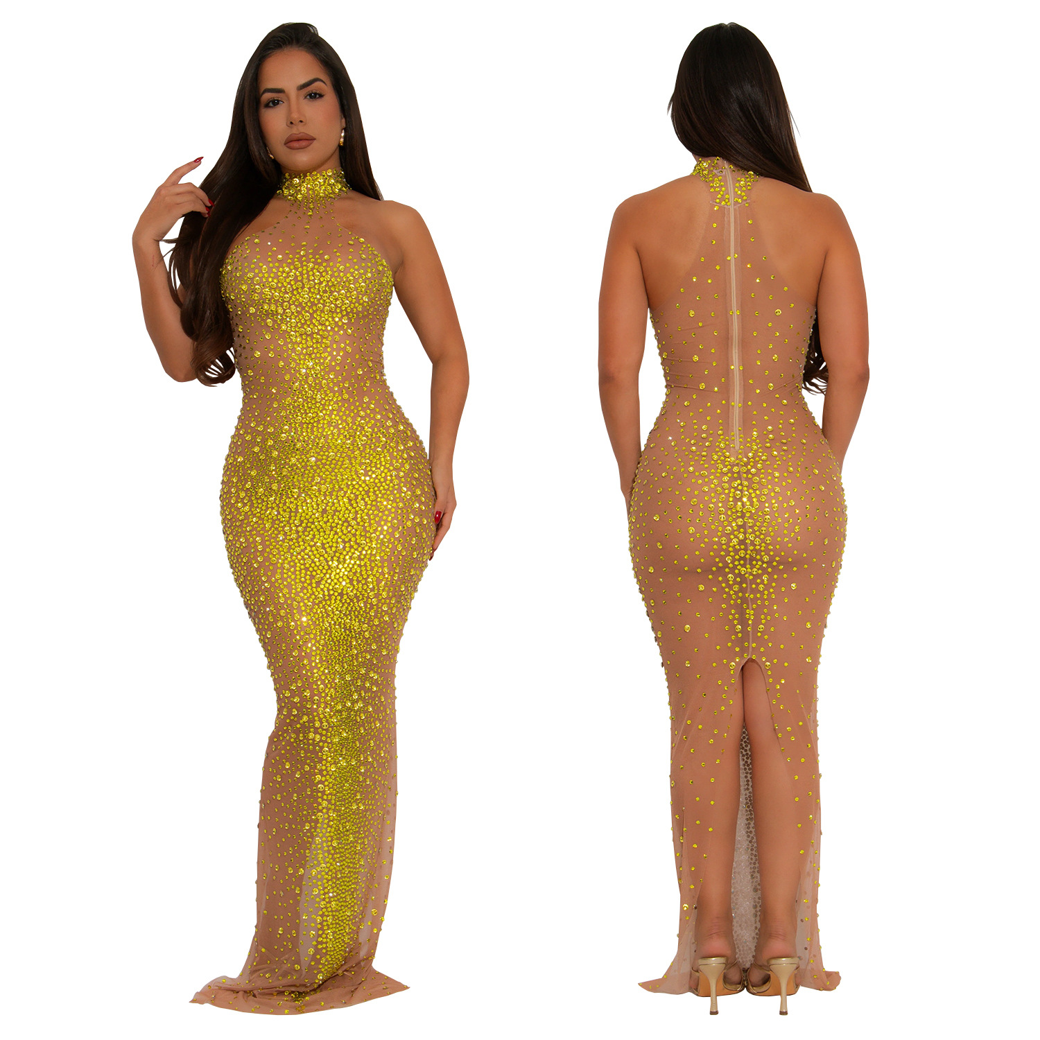 C7556 Aliexpress transfronterizo Amazon Europa y América de moda femenina perspectiva sexy malla de diamante vestido de fiesta