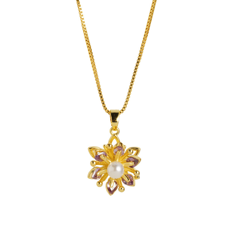 Collar de flores de amatista de oro de arena universal simple imitación de anillo de corazón de perla combinación de aleación de cobre lujoso retro ligero