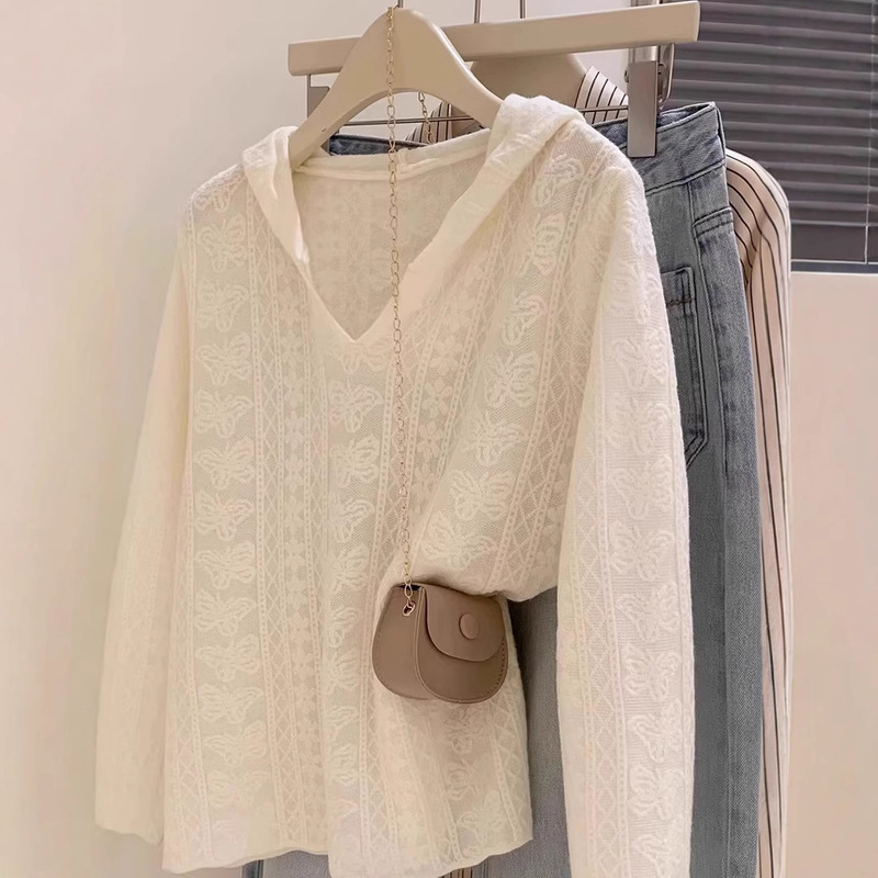 Crochet Hollow-Out Long-Sleeve Knit Sweater for Women, 2026 Spring New Style, Hooded Versatile Base Shirt, Loose Slimming Top