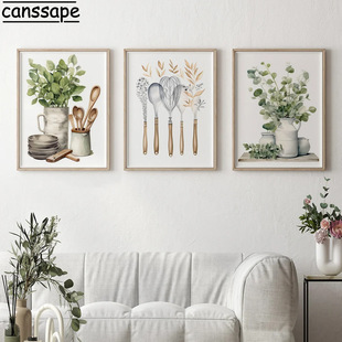Cross-Border Exclusive Hot-Selling Green Plant Tableware Spoons Kitchen Utensils Kitchen Restaurant Decoration Frameless Hanging Painting Core Poster