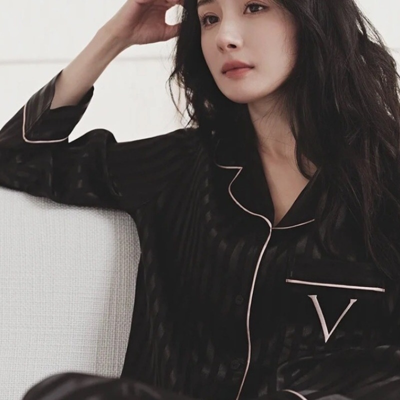 Secret Black Spring and Autumn Striped Men's and Women's Couple's Ice Silk Pajamas High-Level Outgoing Home Clothes Two-Piece Set