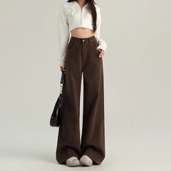 コーヒー色のワイドジーンズの女性のファッションは新型のハイウエストで痩せています。