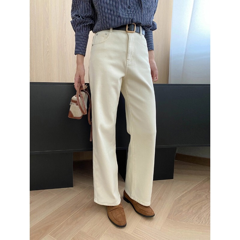 Sinan Long Leg Assist Cream-Colored Petite Slim Fit Straight Leg Slimming Fleece-Lined Jeans Sn7996