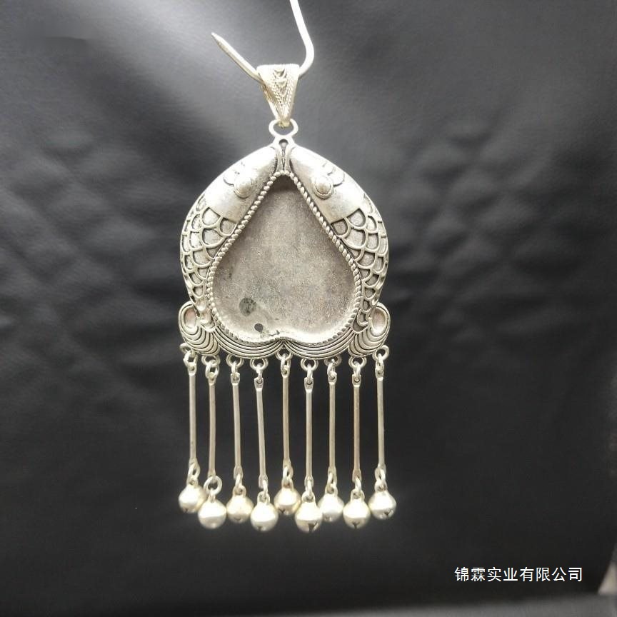 手工银仿老银苗银挂件配件吊坠空托镶老绣片流苏项链吊坠子
