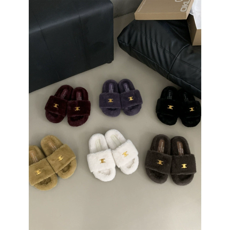 Сетка Red Design Чувство металлической пряжки шерстяные тапочки женские наружные носки 2024 осень и зима новая дикая мода слово хлопчатобумажная девушка