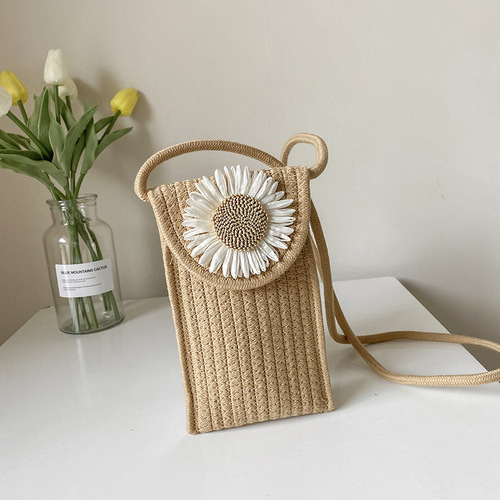 Cross-border new woven bag flower shoulder crossbody women's bag beach vacation mobile phone bag cotton rope woven lipstick bag
