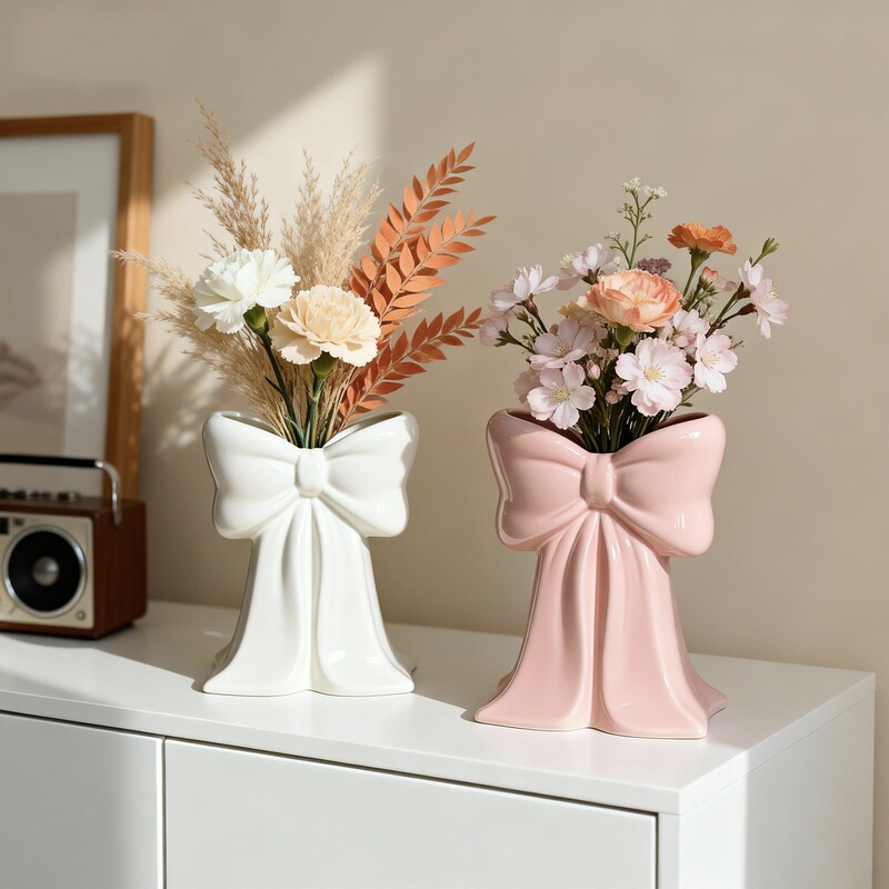 Cross-Border Ceramic Vase with Bowknot Design, Creative and Aesthetically Pleasing Minimalist Flower Vessel Ornament for Home Living Room