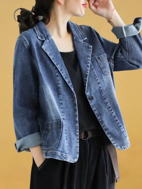 2025春秋新款大码宽松显瘦牛仔西装外套女短款气质牛仔衣西服上衣|undefined
