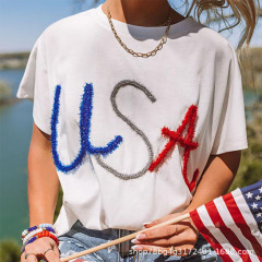 レディースアマゾン欧米風Tシャツ アメリカ選挙独立記念日 白刺繍USA刺繍入りラウンドネックゆったりトップス