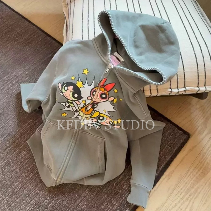 Current 26ss Nanyou Haute Couture/Boutique Niche Powerpuff Girls Collaboration Graffiti Print Zipper Sweatshirt for Women