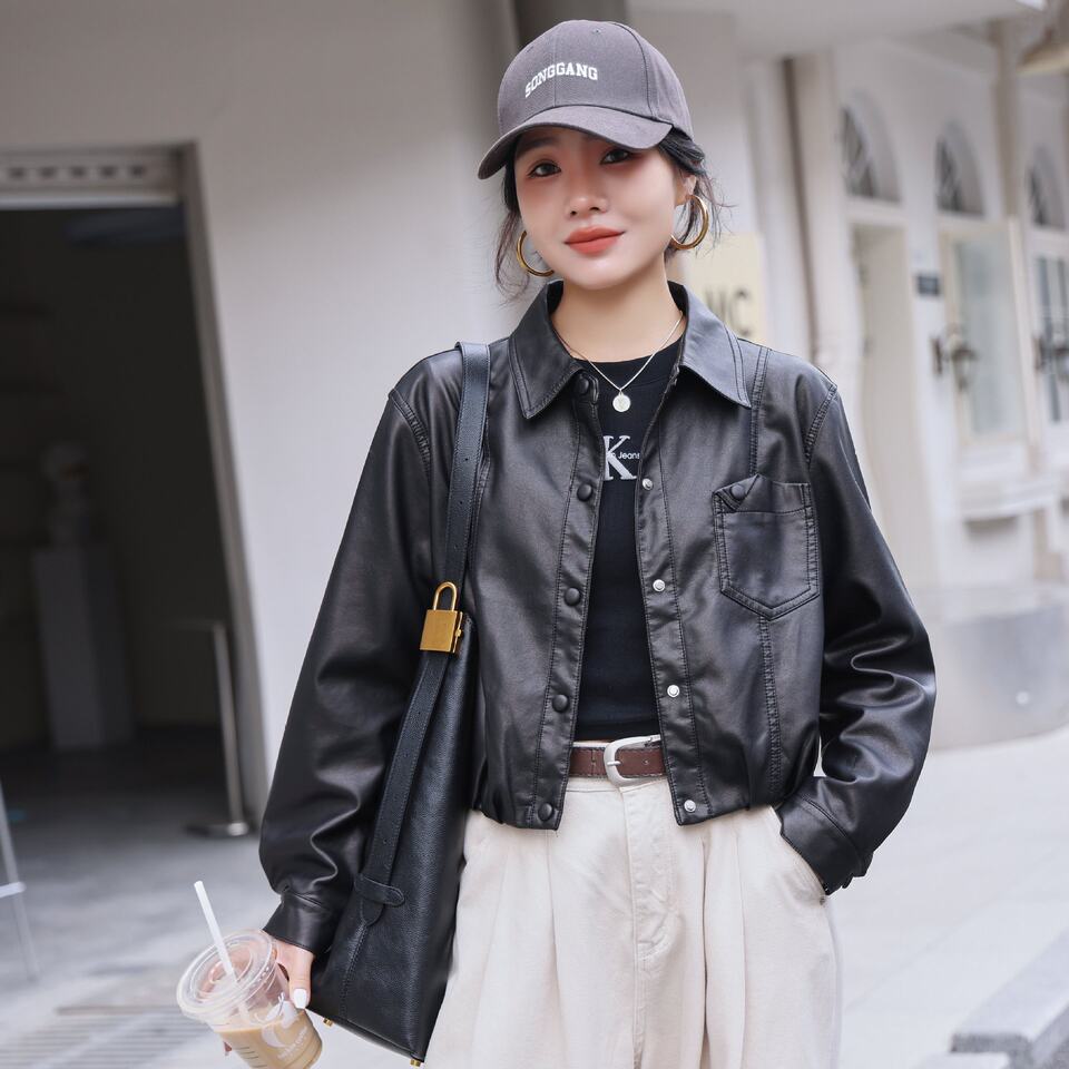 Áo khoác da nữ dáng ôm cổ lật phong cách cá tính — màu cà phê, đen