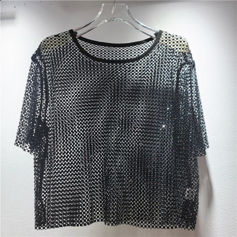 El nuevo producto europeo, la industria pesada, el diamante en caliente, la sensación de frío, el diamante estrellado, el cuello redondo, la blusa de manga corta, la camiseta transparente hueca image 7