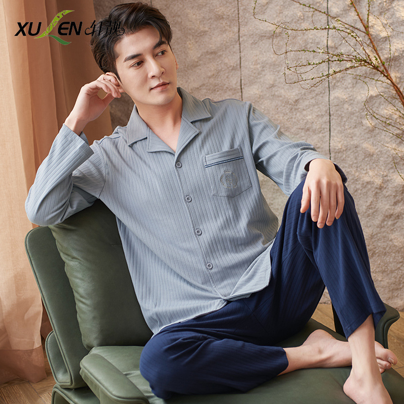 Pijamas de los hombres de primavera y otoño 100% algodón de manga larga más tamaño de los hombres sueltos de ropa para el hogar de otoño e invierno cardigan traje