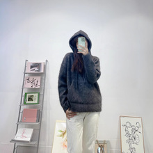 新款女装慵懒风宽松连帽抽绳套头针织衫苏力羊驼毛毛衣拉毛上衣女