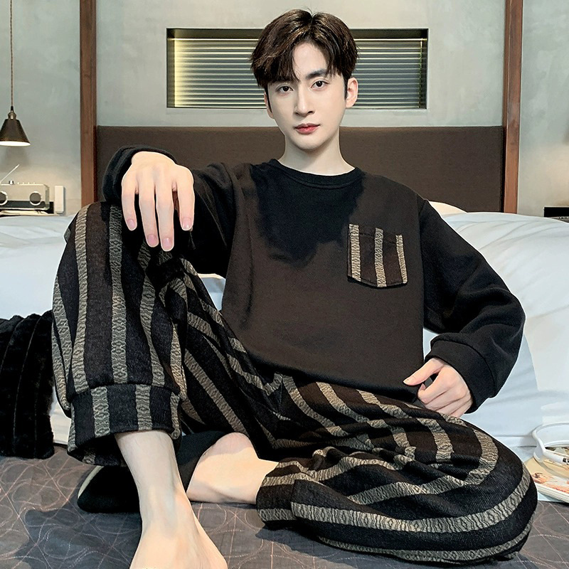 2025 Spring and Autum Pajamas for Men, Teenagers, Simple Casual Stripesd Long-Sleeved Loose Extra Large Size Suits That Can Be Worn Outside