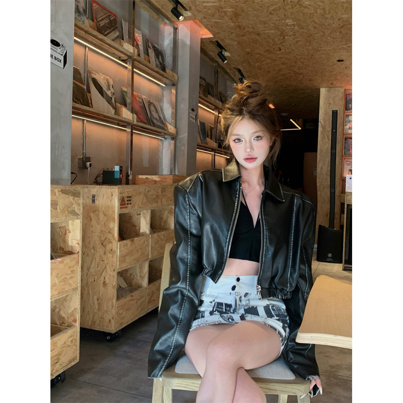 昕可达 超酷帅气棕色皮衣机车夹克美式复古美拉德外套|undefined