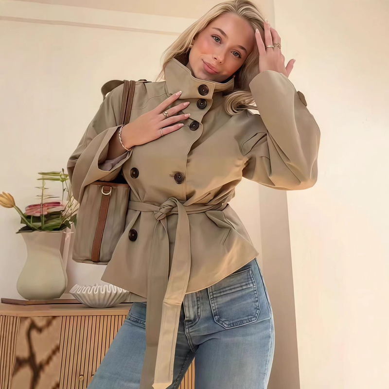 Amazon Aliexpress European and American Cross-Border Stylish Design Stand Collar Lace-Up Double-Breasted Short Trench Coat for Women