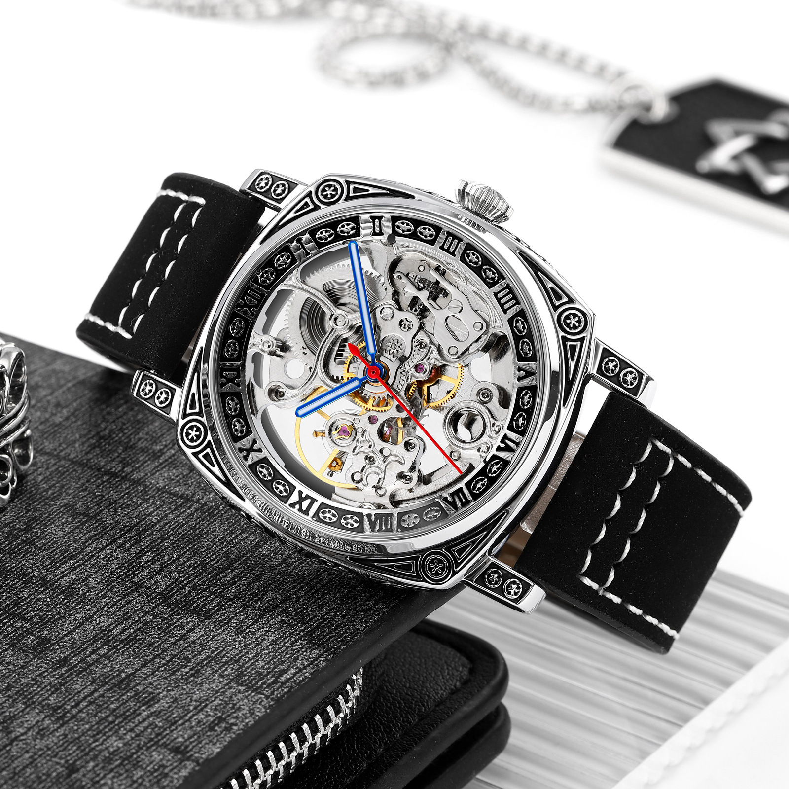 Momento retrógrado relojes mecánicos en relieve perforados relojes de pulsera de hombre casual comercio exterior al por mayor fábrica de fuente personalizada